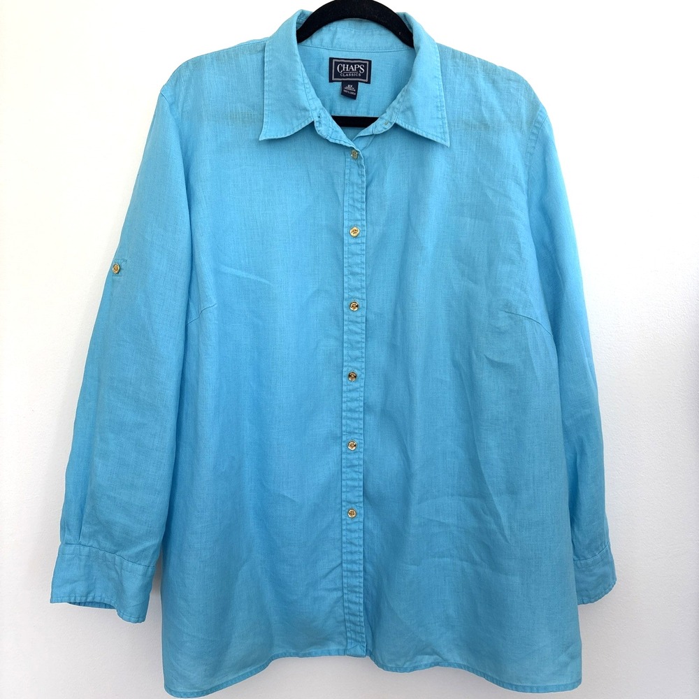 Chaps Classics Turquoise 100% Linen Roll‎ Tab Sleeve Button Down Shirt 2X